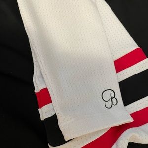 EUC bombshell sportswear Small S red white black thigh high sock leggings